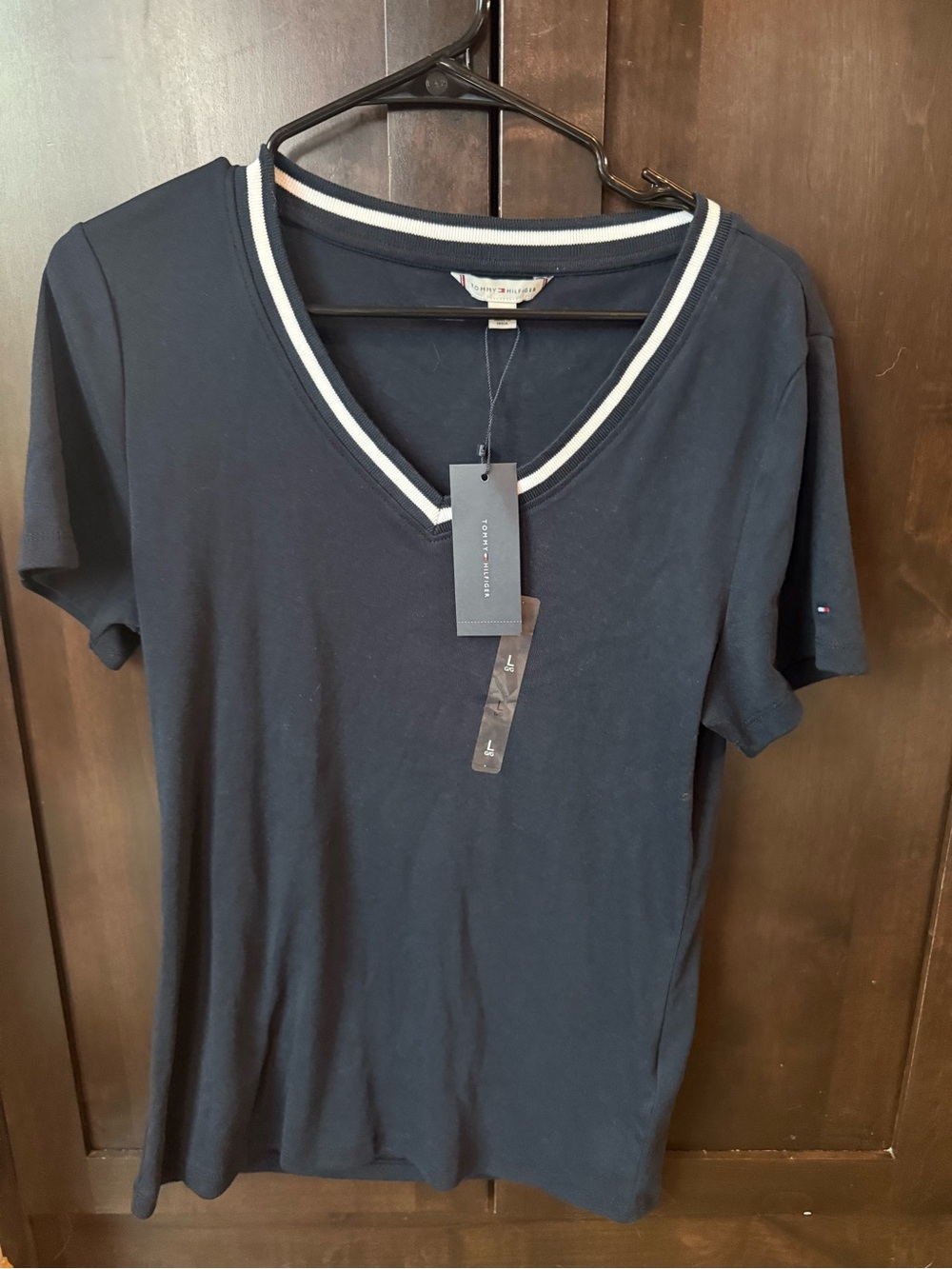 Tommy Hilfiger Navy V-Neck Tee with White Stripe Trim